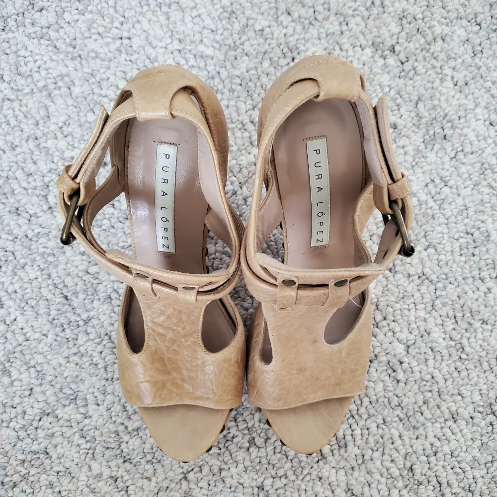 Pura Lopez tan sandal wedge peep toe wood heel